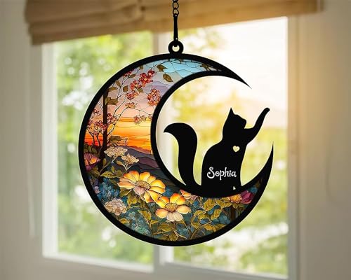 NAZENTI Personalized Cat Suncatcher Memorial Ornament, Cat on Moon for Suncatcher Gifts, Memorial Gift Loss of Cat, Gifts for Cat Lovers, Loss of Cat, Memory Remember Cat, Xmas Gift A01