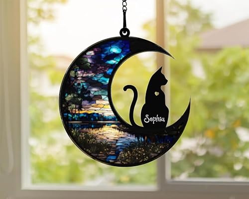 NAZENTI Personalized Cat Suncatcher Memorial Ornament, Cat on Moon for Suncatcher Gifts, Memorial Gift Loss of Cat, Gifts for Cat Lovers, Loss of Cat, Memory Remember Cat, Xmas Gift A01