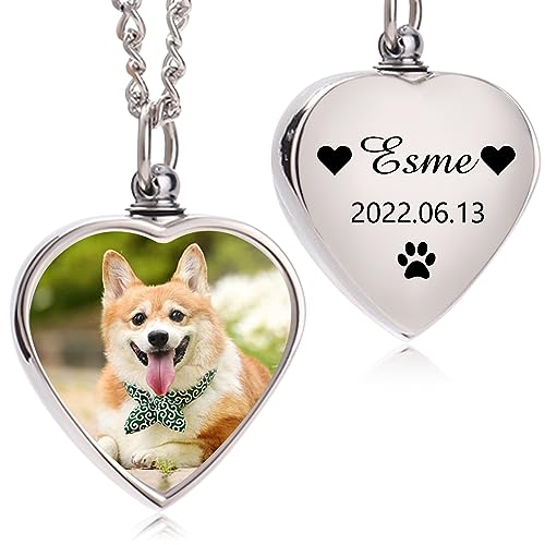 Custom Ashes Necklace Pet Memorial Gift with Photo Text,Personalized Dog/Cat Cremation Jewelry Keepsake.Double-sided customized heart-shaped pendant urn necklaces for dog cat lover Women and Men