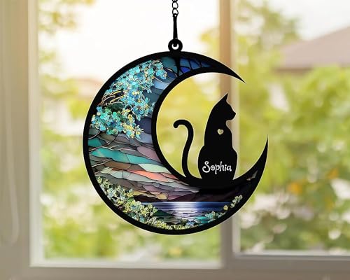 NAZENTI Personalized Cat Suncatcher Memorial Ornament, Cat on Moon for Suncatcher Gifts, Memorial Gift Loss of Cat, Gifts for Cat Lovers, Loss of Cat, Memory Remember Cat, Xmas Gift A01