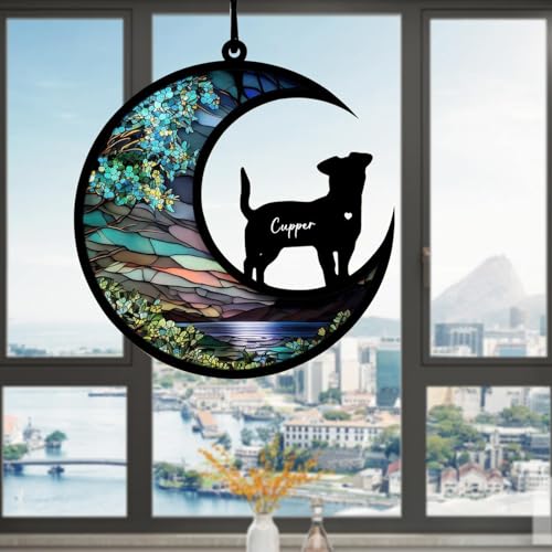 BOXTOHEART Dog Memorial Suncatcher, Personalized Pet Breeds Suncatcher with Name Date, Pet Loss Suncatcher, Stained Glass Light Catcher, Dog Memorials & funerary, Gifts for Pet Loss