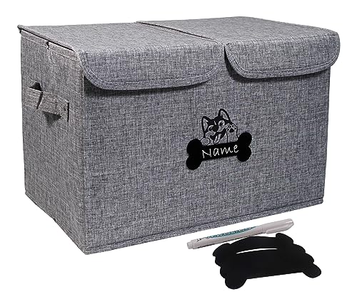 Large Dog Toy Bin-Pet Toys Storage Box-Fabric Storage Bin with Lid-Collapsible Dog Toy Organizer,Dog Toy Basket -Chew Proof Dog Bin-Can be Personalized-Gray