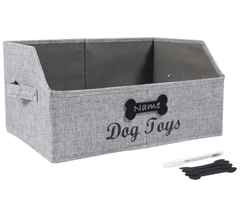 Gzsekken Dog Toy Bin, Fabric Trapezoid Dog Toy Box Dog Toy Basket Collapsible Toy Organizers and Storage for Pet Toys, Blankets, Clothes, Chew Toys and Accessories,Can be Personalized Gray