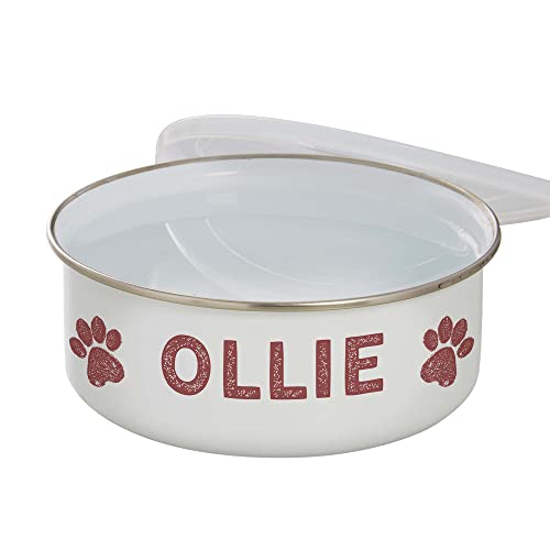Personalization Universe Custom Dog Bowl - Farmhouse Pet Personalized Enamel, Stainless Steel Bowl with Paw Print Graphics, Large Dog Water Bowl, Comes with Plastic Lid for Storage, 20oz Capacity