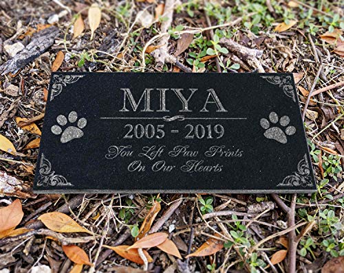 You Left Paw Prints on Our Hearts Pet Memorial Stones Personalized Headstone Grave Marker Absolute Black Granite Garden Plaque Engraved with Dog Cat Name Dates