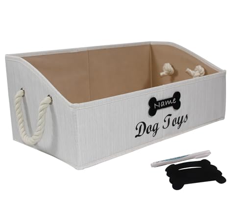Brabtod Dog Toy Bin Collapsible Large Trapezoid Dog Toy Box Personalized Fabric Dog Toy Basket with Rope Handle,Storage Organize bin for Pet Toys/Pet Stuff-Beige
