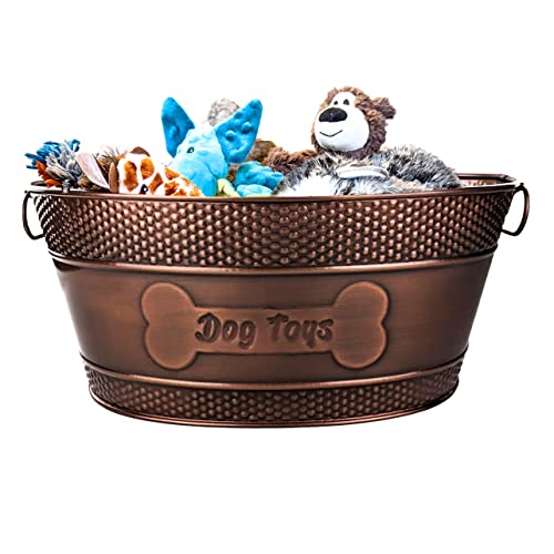 Indestructible Metal Dog Toy Bin - Copper Galvanized Storage Bin with Handles, Organizer Storage Basket for Pet Toys, Blankets, Leashes (15-Quart)