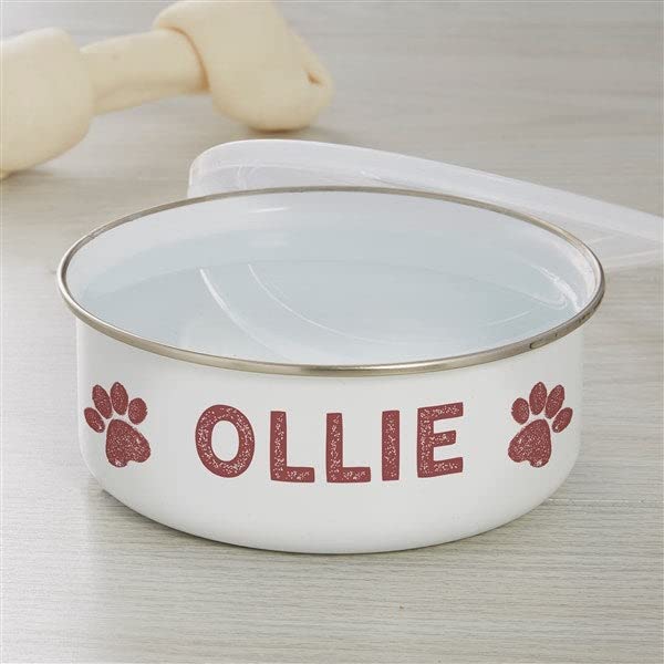 Personalization Universe Custom Dog Bowl - Farmhouse Pet Personalized Enamel, Stainless Steel Bowl with Paw Print Graphics, Large Dog Water Bowl, Comes with Plastic Lid for Storage, 20oz Capacity
