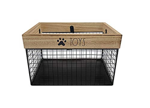 Pet Toy Basket - Metal and Wood Dog Toy Storage Basket - Cat and Dog Toy Bin Storage Organizer for Puppy Leash, Blanket, Treats, Food, Accessories - Container Baskets for Dog, 9.75" x 8" x 6"