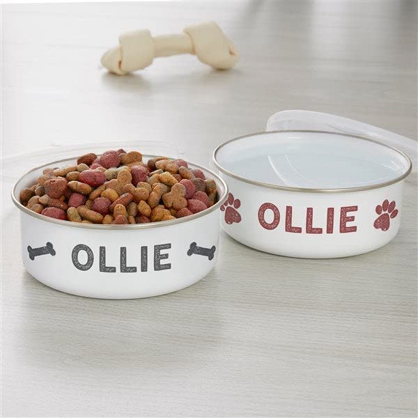 Personalization Universe Custom Dog Bowl - Farmhouse Pet Personalized Enamel, Stainless Steel Bowl with Paw Print Graphics, Large Dog Water Bowl, Comes with Plastic Lid for Storage, 20oz Capacity