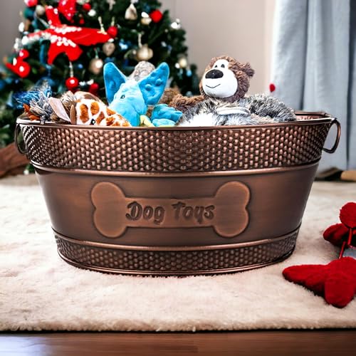 Indestructible Metal Dog Toy Bin - Copper Galvanized Storage Bin with Handles, Organizer Storage Basket for Pet Toys, Blankets, Leashes (15-Quart)