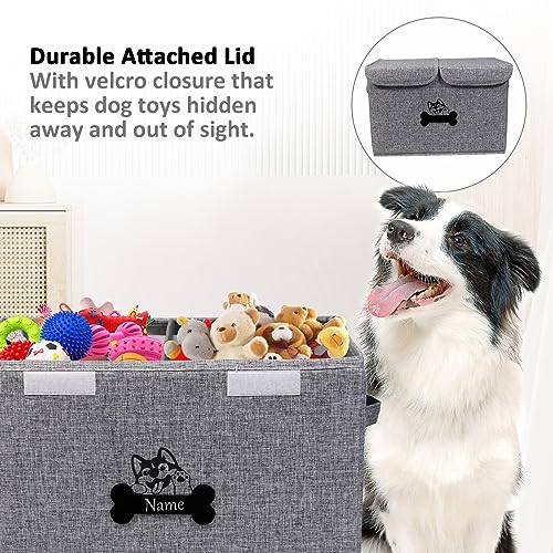 Large Dog Toy Bin-Pet Toys Storage Box-Fabric Storage Bin with Lid-Collapsible Dog Toy Organizer,Dog Toy Basket -Chew Proof Dog Bin-Can be Personalized-Gray