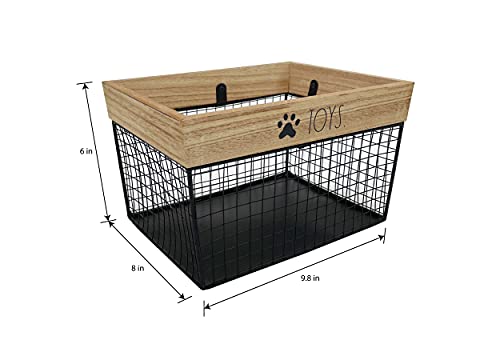 Pet Toy Basket - Metal and Wood Dog Toy Storage Basket - Cat and Dog Toy Bin Storage Organizer for Puppy Leash, Blanket, Treats, Food, Accessories - Container Baskets for Dog, 9.75" x 8" x 6"