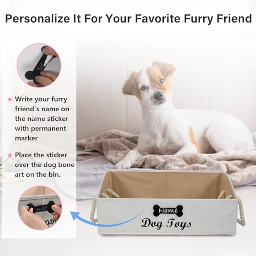 Brabtod Dog Toy Bin Collapsible Large Trapezoid Dog Toy Box Personalized Fabric Dog Toy Basket with Rope Handle,Storage Organize bin for Pet Toys/Pet Stuff-Beige