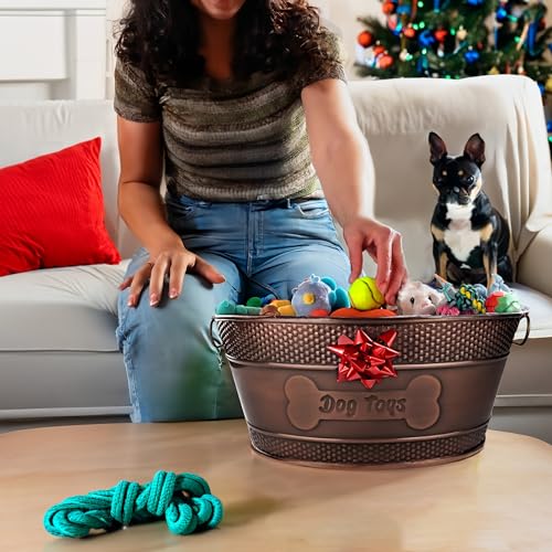Indestructible Metal Dog Toy Bin - Copper Galvanized Storage Bin with Handles, Organizer Storage Basket for Pet Toys, Blankets, Leashes (15-Quart)