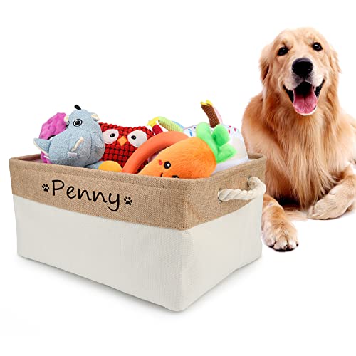 Personalized Dog Toy Box, Dog Toy Basket Storage with Cotton Handle, Customized Name and Paw Heart Print Puppy Toy Bin for Organizing Food Clothes and Pets Accessories(Paw Beige)