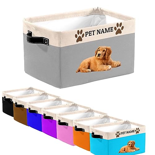 MuMiY Personalized Pet Toy Storage Basket with Handles, Customized Pet's Name and Photo - Collapsible Storage Boxes Organizer Bag for Dog/Cat Toys, Coats, Clothing, Blankets