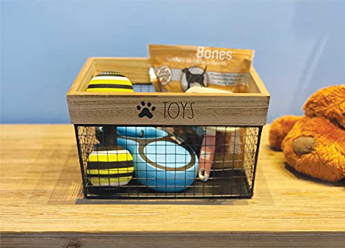 Pet Toy Basket - Metal and Wood Dog Toy Storage Basket - Cat and Dog Toy Bin Storage Organizer for Puppy Leash, Blanket, Treats, Food, Accessories - Container Baskets for Dog, 9.75" x 8" x 6"