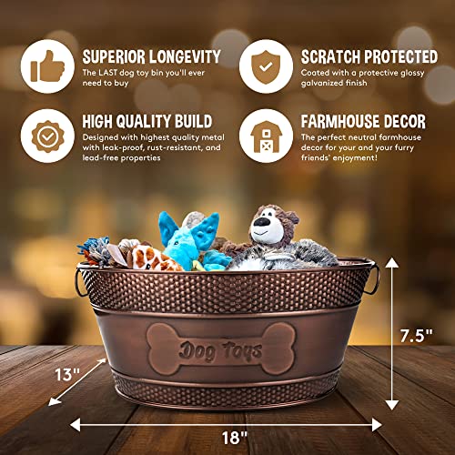 Indestructible Metal Dog Toy Bin - Copper Galvanized Storage Bin with Handles, Organizer Storage Basket for Pet Toys, Blankets, Leashes (15-Quart)