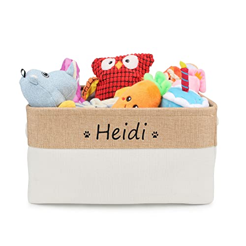 Personalized Dog Toy Box, Dog Toy Basket Storage with Cotton Handle, Customized Name and Paw Heart Print Puppy Toy Bin for Organizing Food Clothes and Pets Accessories(Paw Beige)