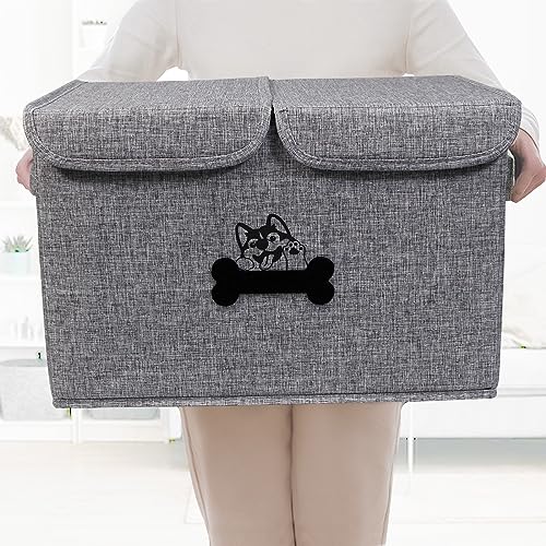 Large Dog Toy Bin-Pet Toys Storage Box-Fabric Storage Bin with Lid-Collapsible Dog Toy Organizer,Dog Toy Basket -Chew Proof Dog Bin-Can be Personalized-Gray