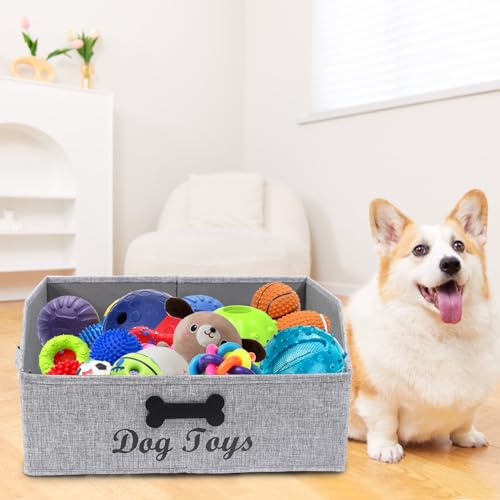 Gzsekken Dog Toy Bin, Fabric Trapezoid Dog Toy Box Dog Toy Basket Collapsible Toy Organizers and Storage for Pet Toys, Blankets, Clothes, Chew Toys and Accessories,Can be Personalized Gray