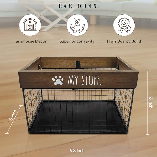 Pet Toy Basket - Metal and Wood Dog Toy Storage Basket - Cat and Dog Toy Bin Storage Organizer for Puppy Leash, Blanket, Treats, Food, Accessories - Container Baskets for Dog, 9.75" x 8" x 6"