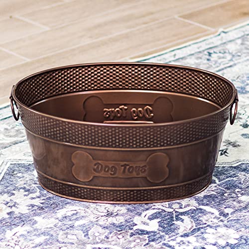 Indestructible Metal Dog Toy Bin - Copper Galvanized Storage Bin with Handles, Organizer Storage Basket for Pet Toys, Blankets, Leashes (15-Quart)