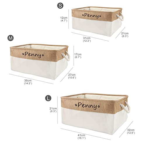 Personalized Dog Toy Box, Dog Toy Basket Storage with Cotton Handle, Customized Name and Paw Heart Print Puppy Toy Bin for Organizing Food Clothes and Pets Accessories(Paw Beige)