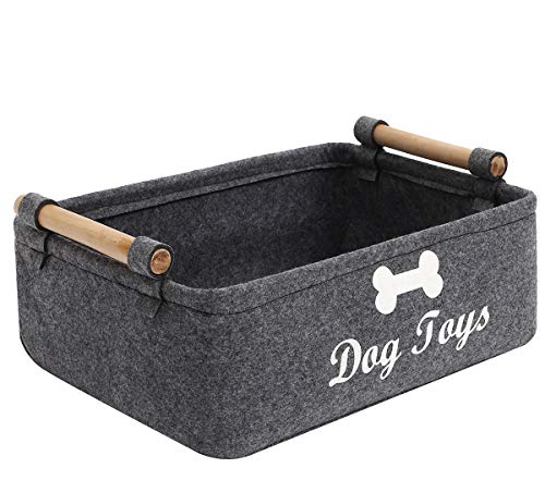 Geyecete Dog Toys Storage Bins - with Wooden Handle,Decorative Basket Rectangular Soft Felt Storage Bin Organizer Basket Pet Supplies Storage Basket/Bin Kids Toy Chest Storage Trunk(Dog-Grey)
