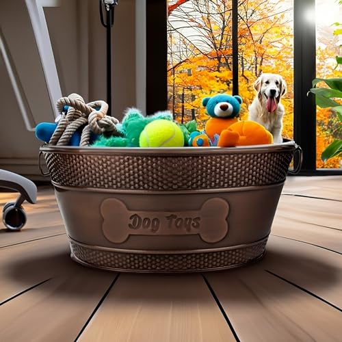 Indestructible Metal Dog Toy Bin - Copper Galvanized Storage Bin with Handles, Organizer Storage Basket for Pet Toys, Blankets, Leashes (15-Quart)