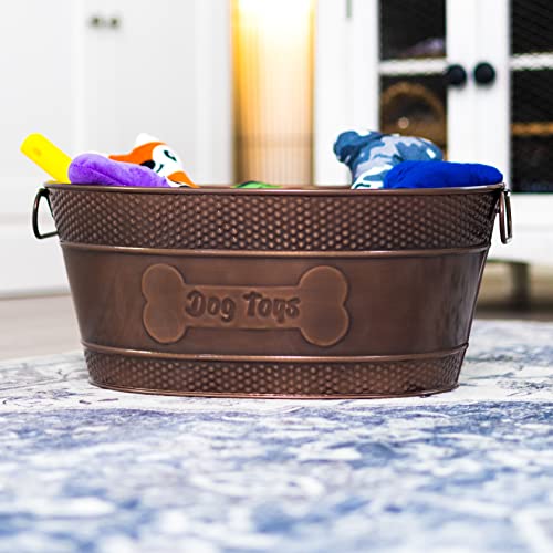 Indestructible Metal Dog Toy Bin - Copper Galvanized Storage Bin with Handles, Organizer Storage Basket for Pet Toys, Blankets, Leashes (15-Quart)