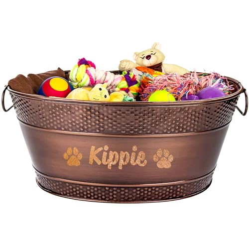 Personalized Metal Dog Toy Bin - Copper Galvanized Storage Bin with Handles, Basket for Pet Toys, Dog Toy Box, Pet Storage - Custom Dog Name Gift
