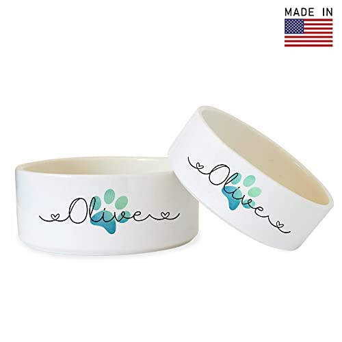 Custom Name Ceramic Pet Bowls with Cute Watercolor Icons