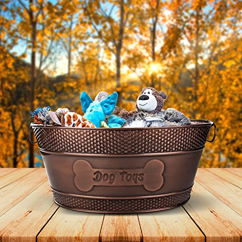 Indestructible Metal Dog Toy Bin - Copper Galvanized Storage Bin with Handles, Organizer Storage Basket for Pet Toys, Blankets, Leashes (15-Quart)