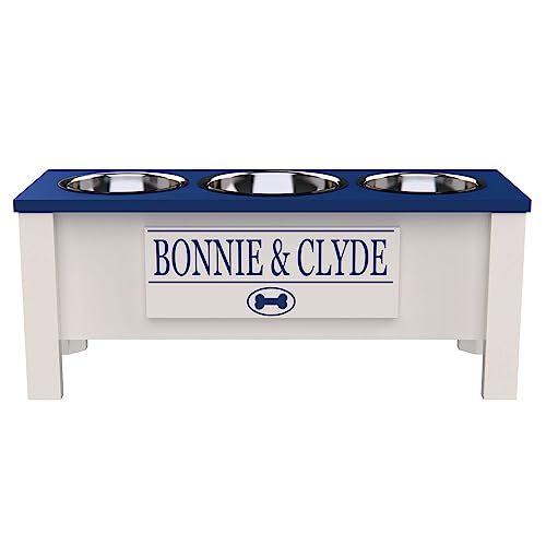 Personalized Elevated Triple Dog Bowl Stand - Large Blue