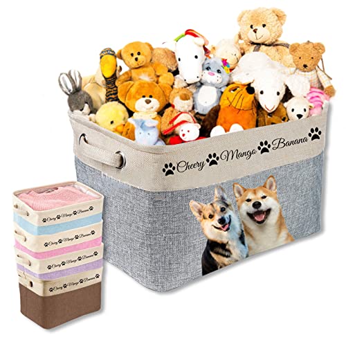 kioskbanks Personalized Dog Toy Baskets with Name Photo, Custom Pet Toy Storage Foldable Canvas Basket with Handles