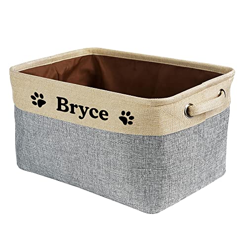 MALIHONG Custom Dog Cat Toy Storage Basket with Pet's Name Sturdy Foldable Collapsible Storage Bin Box with Handles for Organizing Pet Food, Toys, Clothes,( Grey and White), 15" x 11" x 8.3"