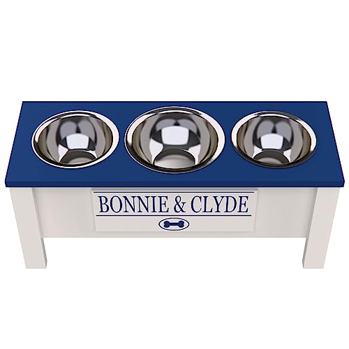 Personalized Elevated Triple Dog Bowl Stand - Large Blue