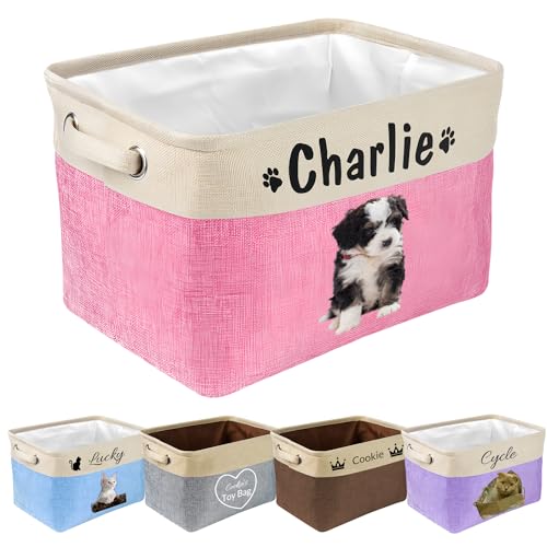 WERWAES Personalized Dog Toy Basket Pet Collapsible Storage Bins with Pet's Name and Photo Custom Storage Box Organizer for Dog Toys