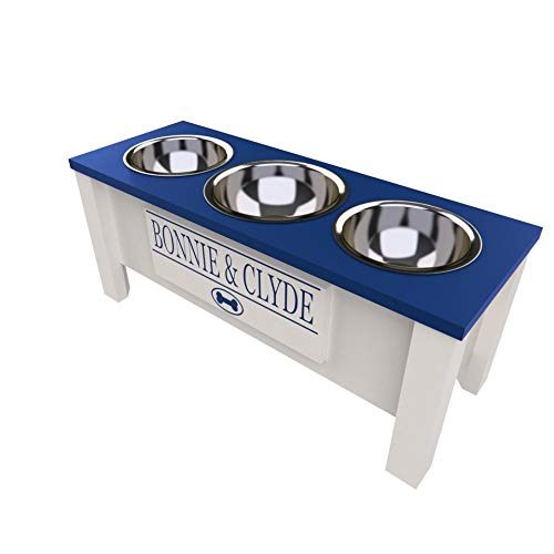 Personalized Elevated Triple Dog Bowl Stand - Large Blue