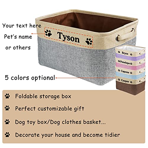 MALIHONG Custom Dog Cat Toy Storage Basket with Pet's Name Sturdy Foldable Collapsible Storage Bin Box with Handles for Organizing Pet Food, Toys, Clothes,( Grey and White), 15" x 11" x 8.3"
