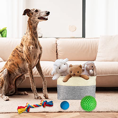 MALIHONG Custom Dog Cat Toy Storage Basket with Pet's Name Sturdy Foldable Collapsible Storage Bin Box with Handles for Organizing Pet Food, Toys, Clothes,( Grey and White), 15" x 11" x 8.3"
