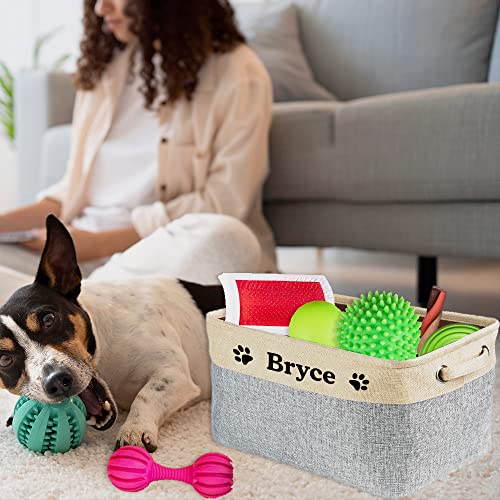 MALIHONG Custom Dog Cat Toy Storage Basket with Pet's Name Sturdy Foldable Collapsible Storage Bin Box with Handles for Organizing Pet Food, Toys, Clothes,( Grey and White), 15" x 11" x 8.3"