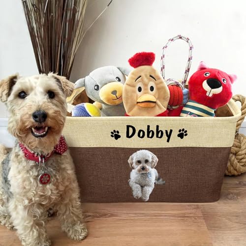 WERWAES Personalized Dog Toy Basket Pet Collapsible Storage Bins with Pet's Name and Photo Custom Storage Box Organizer for Dog Toys