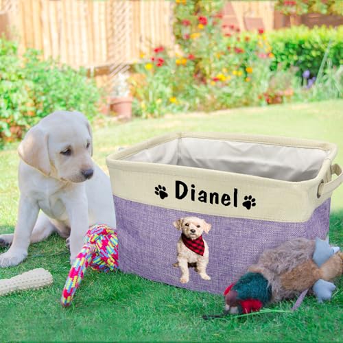 WERWAES Personalized Dog Toy Basket Pet Collapsible Storage Bins with Pet's Name and Photo Custom Storage Box Organizer for Dog Toys