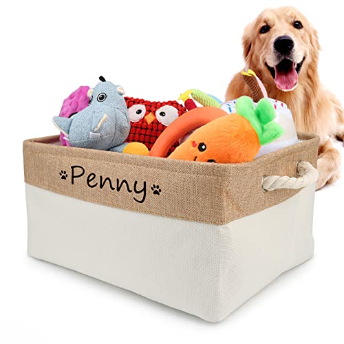 PIANG GOUER Dog Toy Box Storage Basket Bin with Personalized Custom Pet's Name Collapsible Rectangular Storage Bag For Organizing Dogs cat Clothes，Shoes，Pet Accessories (Beige, L)