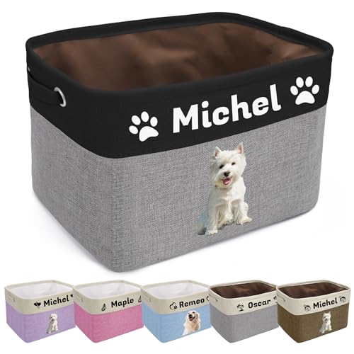 Zhamate Personalized Dog Toy Basket with Pet's Name, Custom Dog Toy Bin, Sturdy Foldable Collapsible Storage Box, Dog Toy Box with Handles for Dog Toys, Dog Clothing, Dog Apparel, Accessories (Black)
