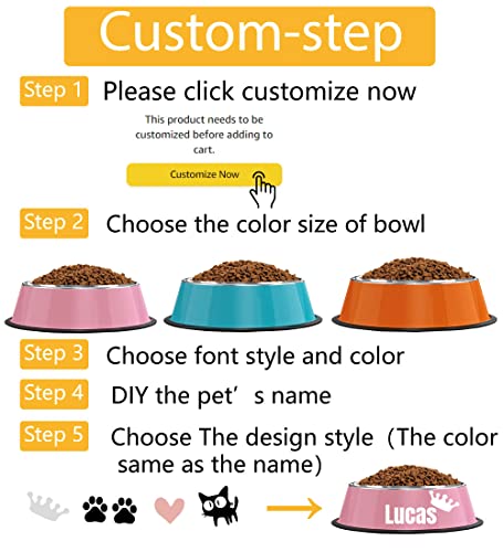 Customizable Stainless Steel Cat Bowls, 2Pcs, Non-Slip, 7 Oz