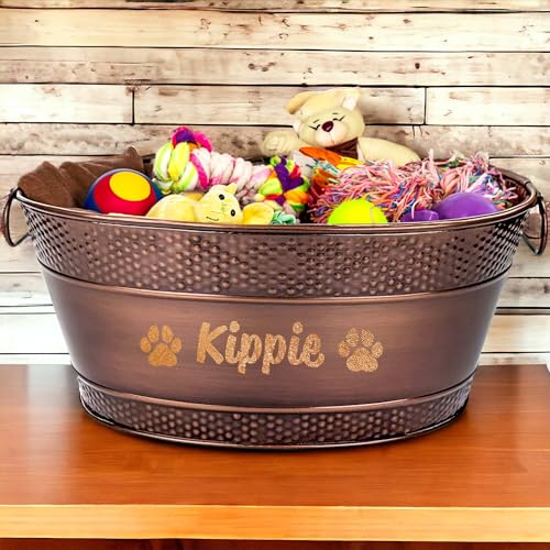 Personalized Metal Dog Toy Bin - Copper Galvanized Storage Bin with Handles, Basket for Pet Toys, Dog Toy Box, Pet Storage - Custom Dog Name Gift